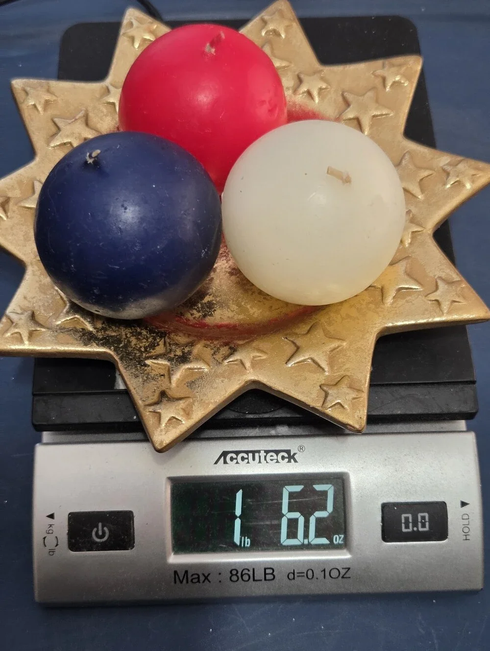 Gold Star Trinket Dish with Red White Blue Sphere Round Ball Candles Patriotic